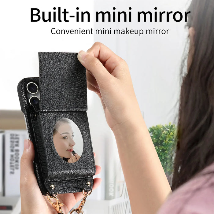 For iPhone 16 Pro Case Mirror Card Holder Litchi Texture Leather Phone Back Cover with Long Strap - Black - 5