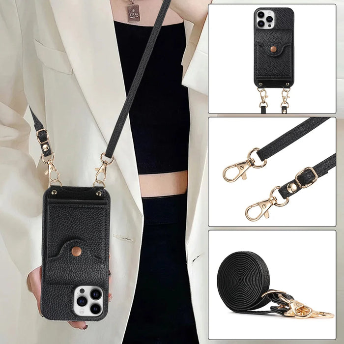 For iPhone 16 Pro Case Mirror Card Holder Litchi Texture Leather Phone Back Cover with Long Strap - Black - 6