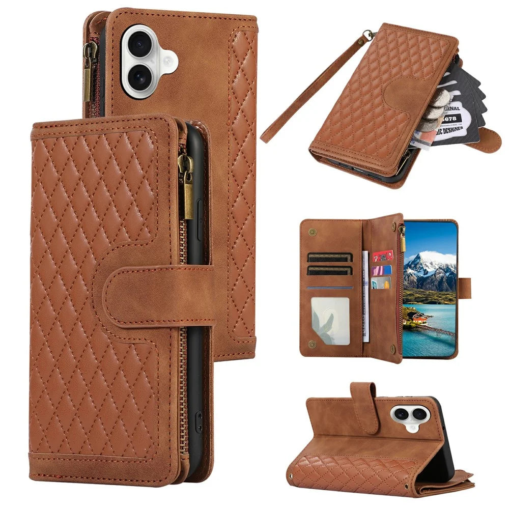 For iPhone 16 Case 9 Card Slots Rhombus Design Leather Phone Cover with Wrist Strap - Brown - 1