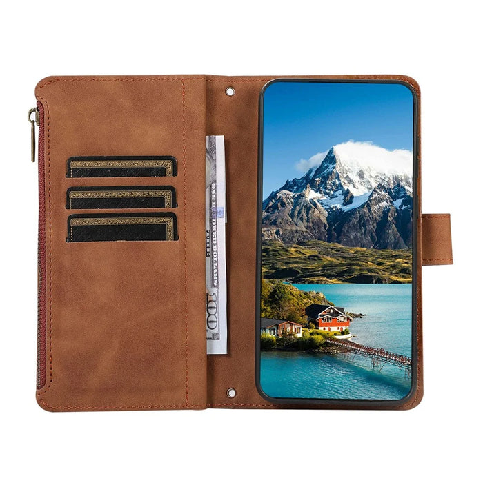 For iPhone 16 Case 9 Card Slots Rhombus Design Leather Phone Cover with Wrist Strap - Brown - 2