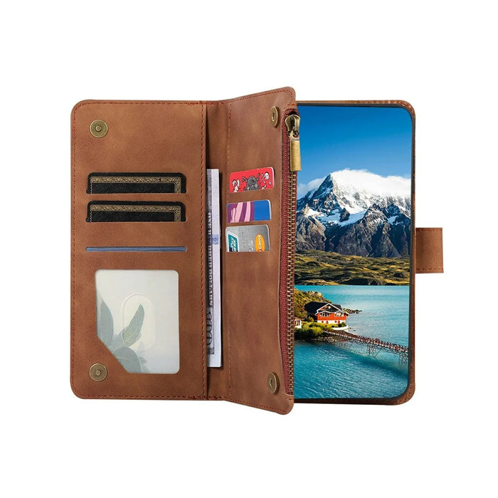 For iPhone 16 Case 9 Card Slots Rhombus Design Leather Phone Cover with Wrist Strap - Brown - 3