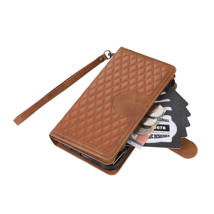 For iPhone 16 Case 9 Card Slots Rhombus Design Leather Phone Cover with Wrist Strap - Brown - 6