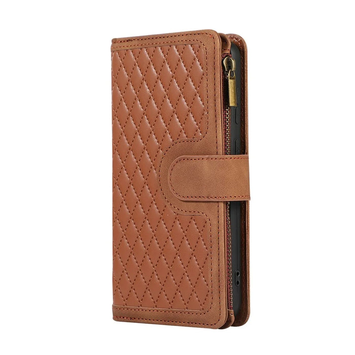 For iPhone 16 Case 9 Card Slots Rhombus Design Leather Phone Cover with Wrist Strap - Brown - 7