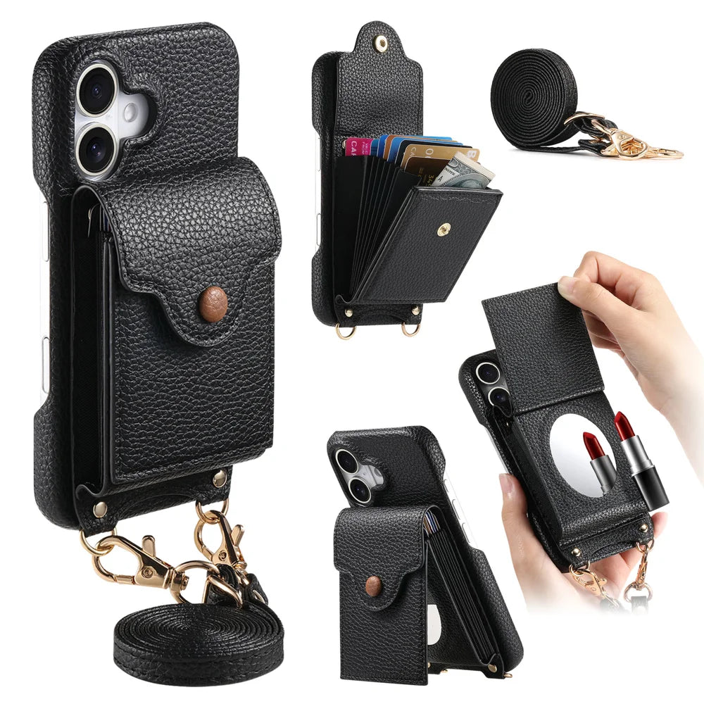 For iPhone 16 Case Mirror Card Holder Litchi Texture Leather Phone Back Cover with Long Strap - Black - 1