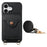 For iPhone 16 Case Mirror Card Holder Litchi Texture Leather Phone Back Cover with Long Strap - Black - 2