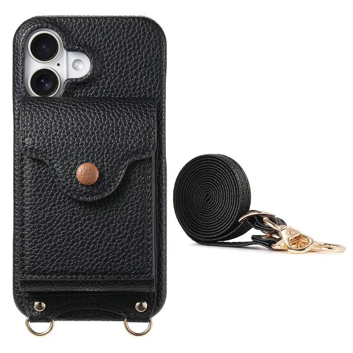 For iPhone 16 Case Mirror Card Holder Litchi Texture Leather Phone Back Cover with Long Strap - Black - 2