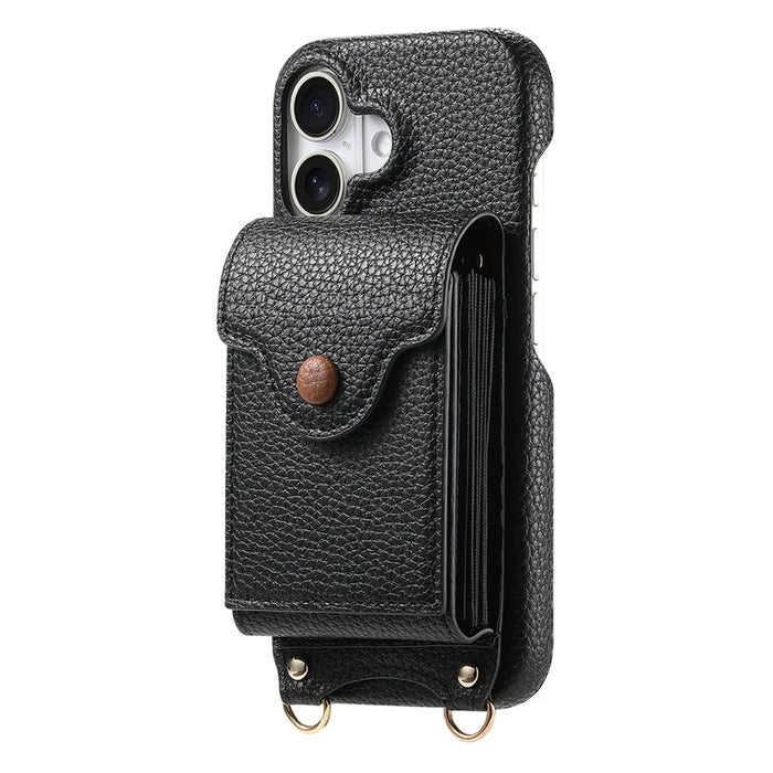 For iPhone 16 Case Mirror Card Holder Litchi Texture Leather Phone Back Cover with Long Strap - Black - 3