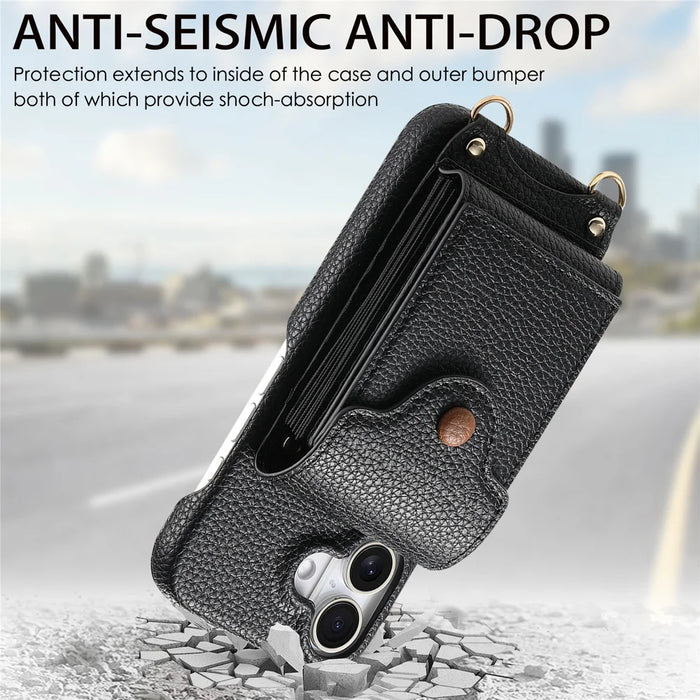 For iPhone 16 Case Mirror Card Holder Litchi Texture Leather Phone Back Cover with Long Strap - Black - 4
