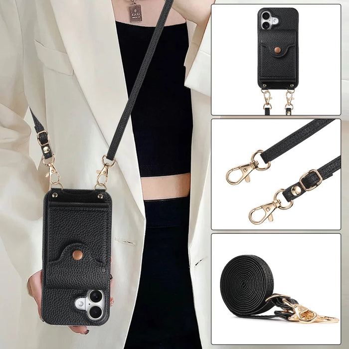 For iPhone 16 Case Mirror Card Holder Litchi Texture Leather Phone Back Cover with Long Strap - Black - 6