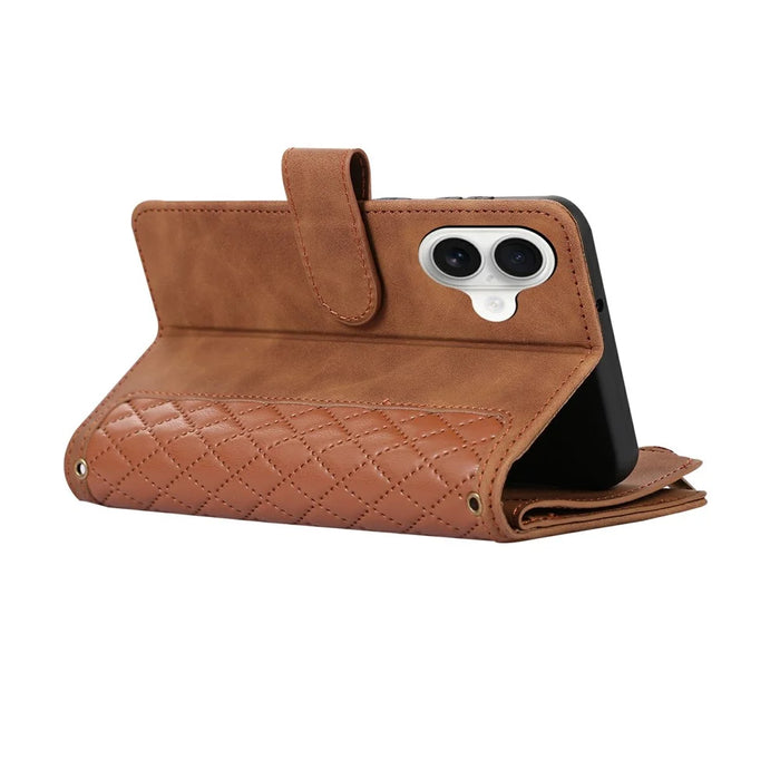 For iPhone 17 Case 9 Card Slots Rhombus Design Leather Phone Cover with Wrist Strap - Brown - 5