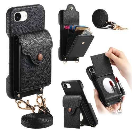 For iPhone 17e / 16e Case Mirror Card Holder Litchi Texture Leather Phone Back Cover with Long Strap - Black - 1