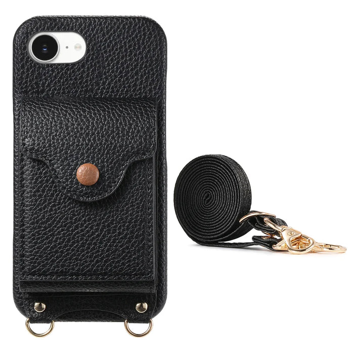 For iPhone 17e / 16e Case Mirror Card Holder Litchi Texture Leather Phone Back Cover with Long Strap - Black - 2