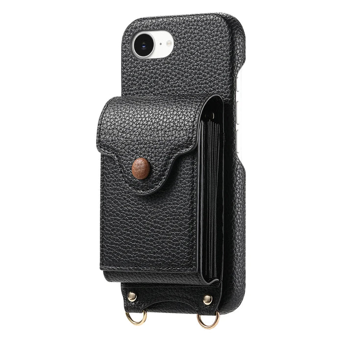 For iPhone 17e / 16e Case Mirror Card Holder Litchi Texture Leather Phone Back Cover with Long Strap - Black - 3