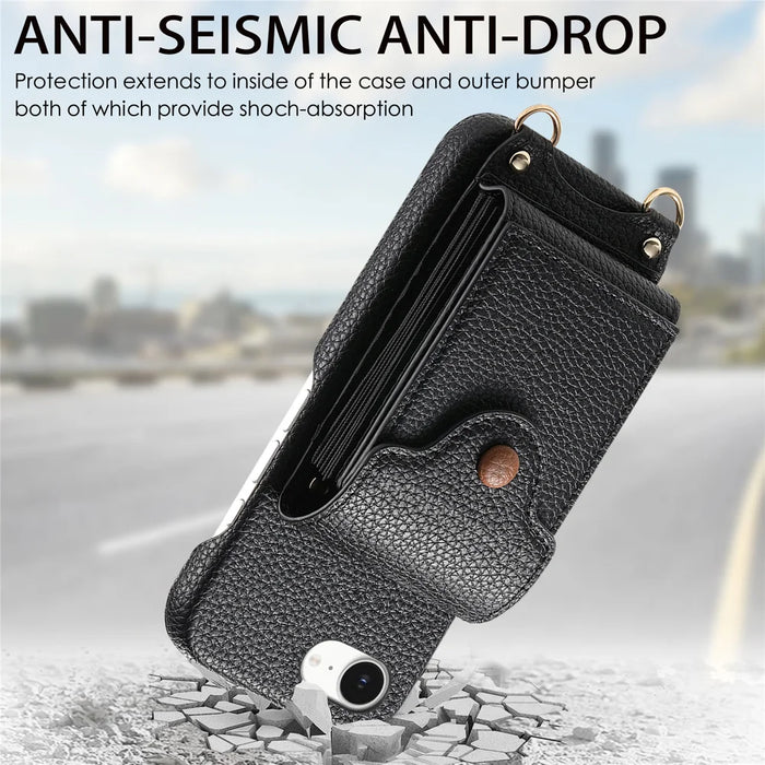 For iPhone 17e / 16e Case Mirror Card Holder Litchi Texture Leather Phone Back Cover with Long Strap - Black - 4