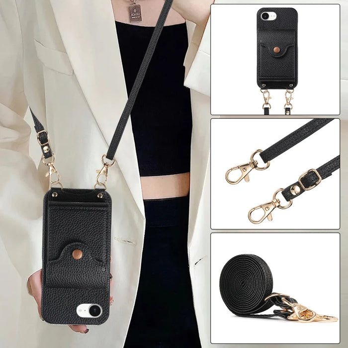For iPhone 17e / 16e Case Mirror Card Holder Litchi Texture Leather Phone Back Cover with Long Strap - Black - 6
