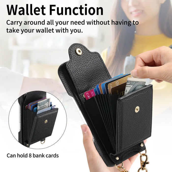 For iPhone 17e / 16e Case Mirror Card Holder Litchi Texture Leather Phone Back Cover with Long Strap - Black - 7