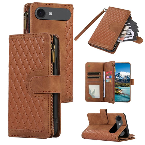 For iPhone Air Case 9 Card Slots Rhombus Design Leather Phone Cover with Wrist Strap - Brown - 1