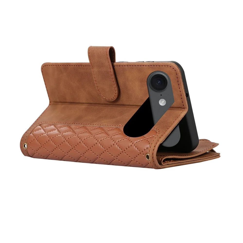 For iPhone Air Case 9 Card Slots Rhombus Design Leather Phone Cover with Wrist Strap - Brown - 5