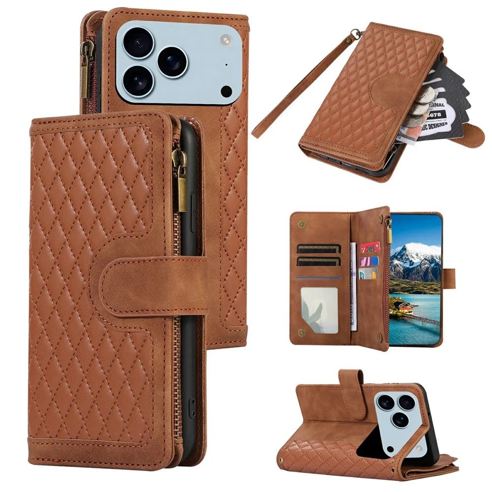 For iPhone 18 Pro / 17 Pro Case 9 Card Slots Rhombus Design Leather Phone Cover with Wrist Strap - Brown - 1