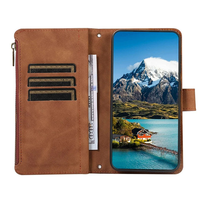 For iPhone 18 Pro / 17 Pro Case 9 Card Slots Rhombus Design Leather Phone Cover with Wrist Strap - Brown - 2