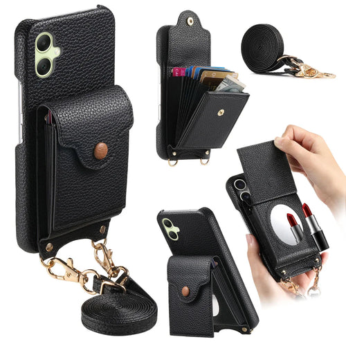 For Samsung Galaxy A06 5G / Galaxy A06 4G Case Mirror Card Holder Litchi Texture Leather Phone Back Cover with Long Strap - Black - 1