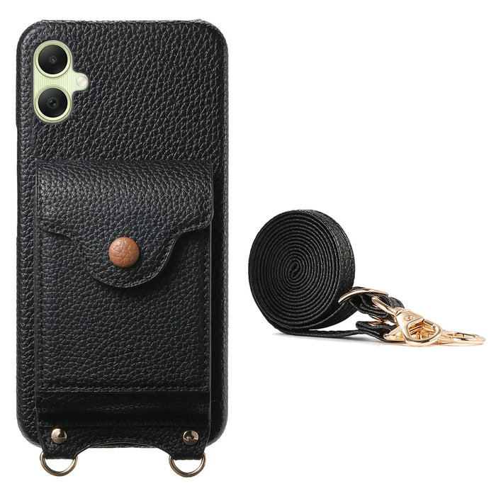 For Samsung Galaxy A06 5G / Galaxy A06 4G Case Mirror Card Holder Litchi Texture Leather Phone Back Cover with Long Strap - Black - 2