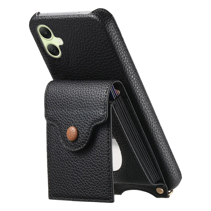 For Samsung Galaxy A06 5G / Galaxy A06 4G Case Mirror Card Holder Litchi Texture Leather Phone Back Cover with Long Strap - Black - 3