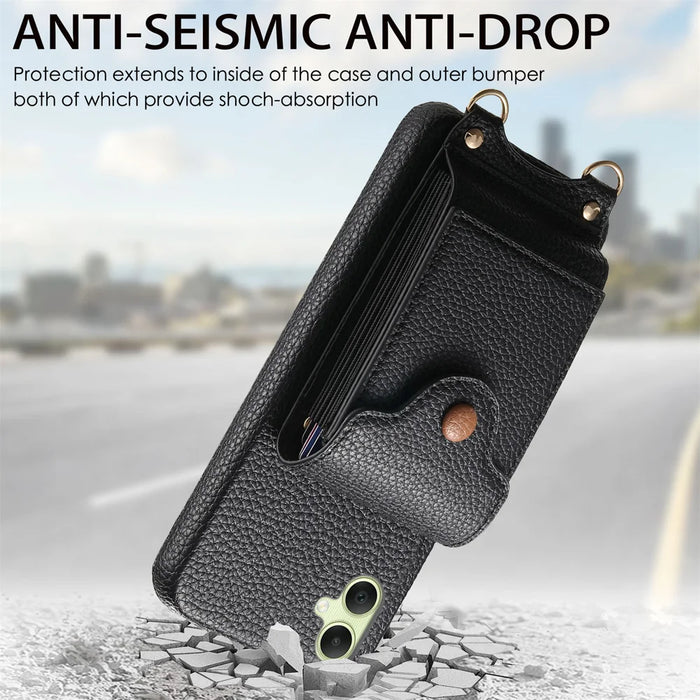 For Samsung Galaxy A06 5G / Galaxy A06 4G Case Mirror Card Holder Litchi Texture Leather Phone Back Cover with Long Strap - Black - 4