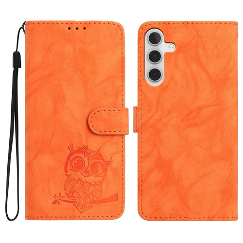 For Samsung Galaxy S25 FE Case Owl Imprinted PU Leather Wallet Phone Cover with Wrist Strap - Orange - 1