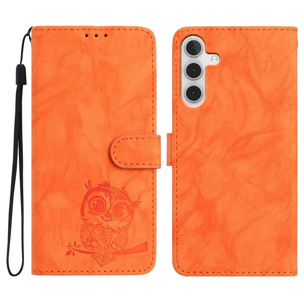 For Samsung Galaxy S25 FE Case Owl Imprinted PU Leather Wallet Phone Cover with Wrist Strap - Orange - 1