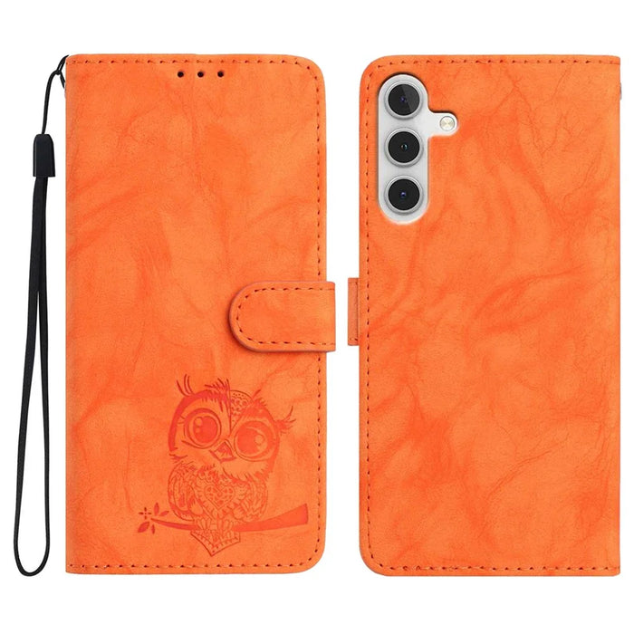 For Samsung Galaxy S25 FE Case Owl Imprinted PU Leather Wallet Phone Cover with Wrist Strap - Orange - 1