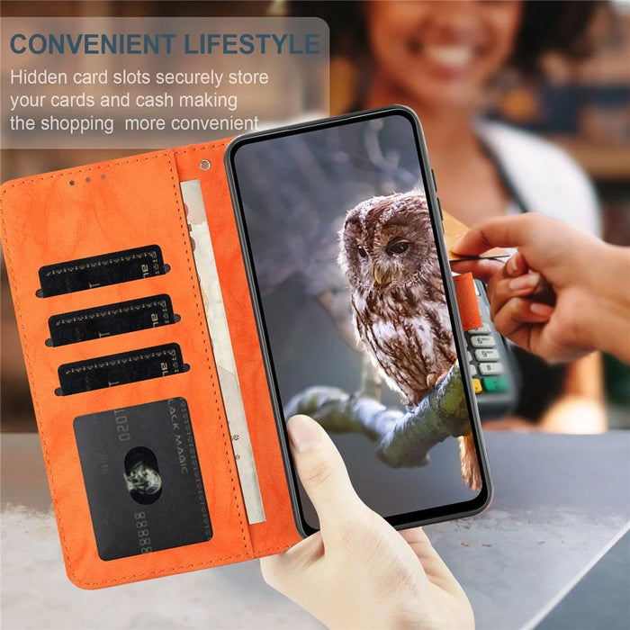 For Samsung Galaxy S25 FE Case Owl Imprinted PU Leather Wallet Phone Cover with Wrist Strap - Orange - 4