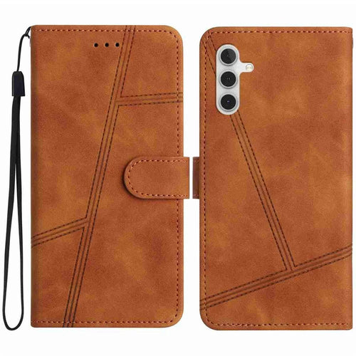 For Samsung Galaxy S25 FE Case Lines Imprinted Flip Leather Retro Phone Cover with Wrist Strap - Brown - 1