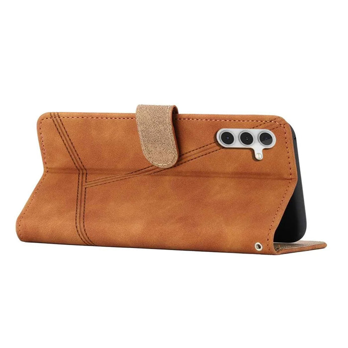 For Samsung Galaxy S25 FE Case Lines Imprinted Flip Leather Retro Phone Cover with Wrist Strap - Brown - 4