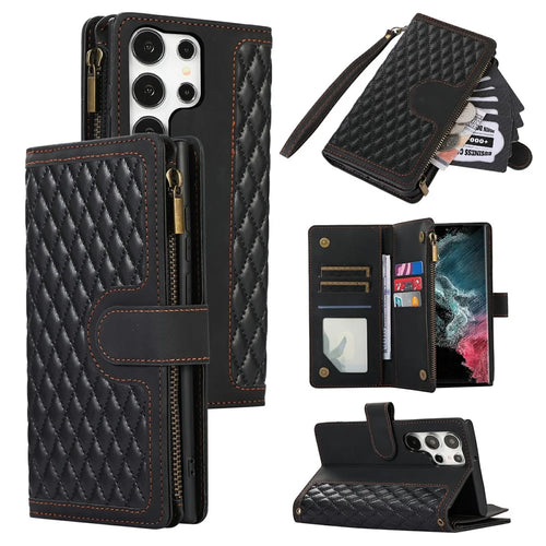For Samsung Galaxy S24 Ultra Case 9 Card Slots Rhombus Design Leather Phone Cover with Wrist Strap - Black - 1