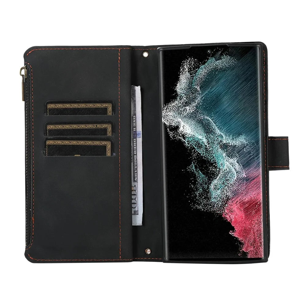 For Samsung Galaxy S24 Ultra Case 9 Card Slots Rhombus Design Leather Phone Cover with Wrist Strap - Black - 3