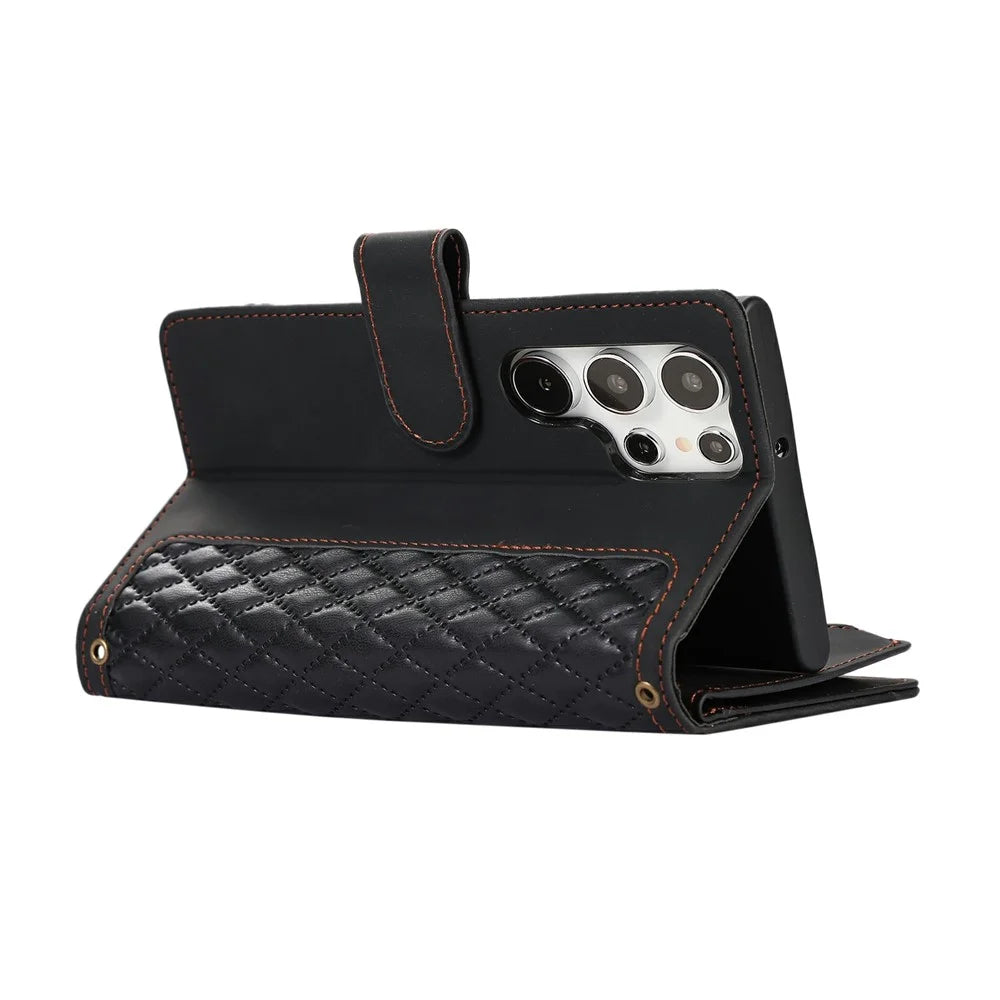 For Samsung Galaxy S24 Ultra Case 9 Card Slots Rhombus Design Leather Phone Cover with Wrist Strap - Black - 5