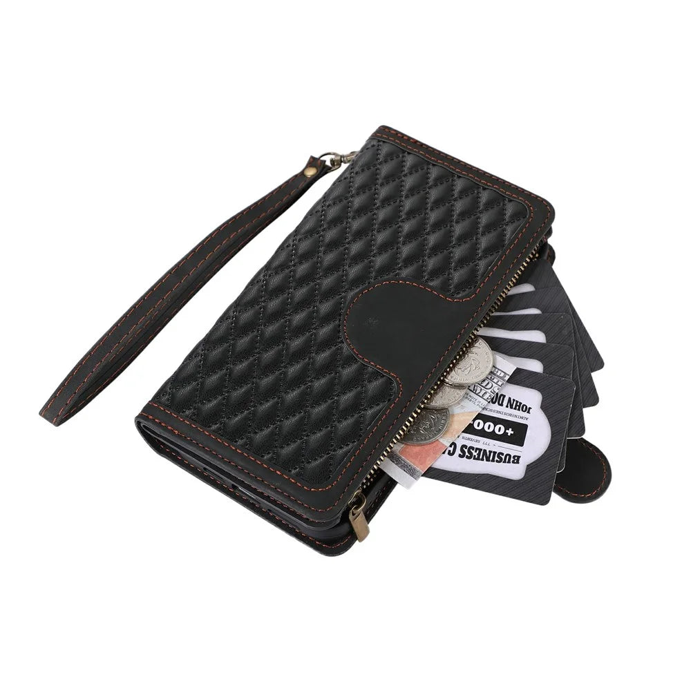 For Samsung Galaxy S24 Ultra Case 9 Card Slots Rhombus Design Leather Phone Cover with Wrist Strap - Black - 6