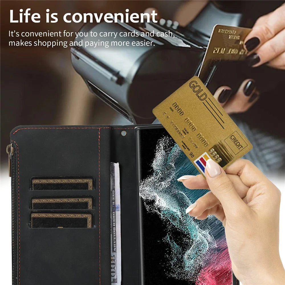 For Samsung Galaxy S24 Ultra Case 9 Card Slots Rhombus Design Leather Phone Cover with Wrist Strap - Black - 7