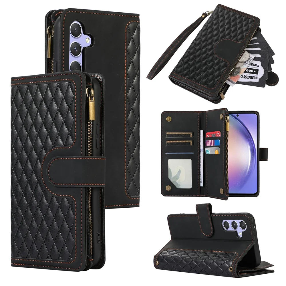 For Samsung Galaxy S25 / S24 Case 9 Card Slots Rhombus Design Leather Phone Cover with Wrist Strap - Black - 1