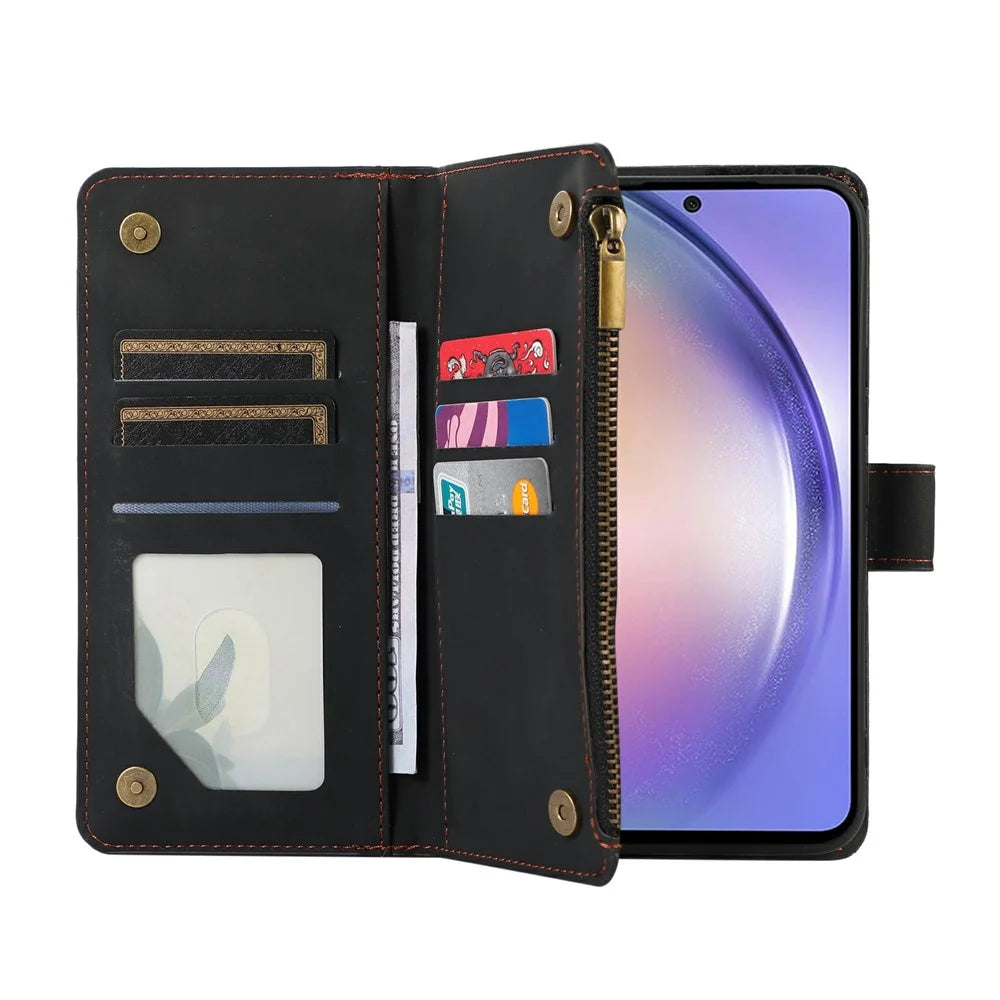 For Samsung Galaxy S25 / S24 Case 9 Card Slots Rhombus Design Leather Phone Cover with Wrist Strap - Black - 2