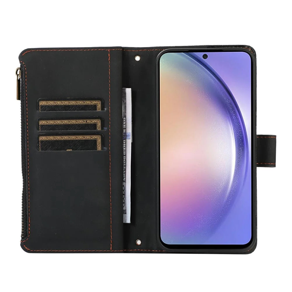 For Samsung Galaxy S25 / S24 Case 9 Card Slots Rhombus Design Leather Phone Cover with Wrist Strap - Black - 3