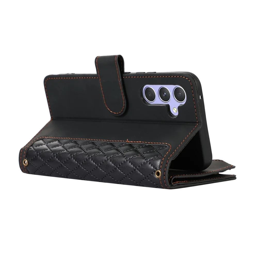 For Samsung Galaxy S25 / S24 Case 9 Card Slots Rhombus Design Leather Phone Cover with Wrist Strap - Black - 5