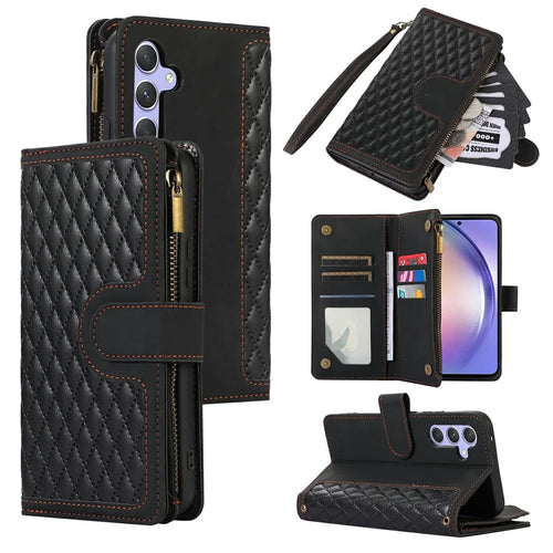 For Samsung Galaxy S25+ / S24+ Case 9 Card Slots Rhombus Design Leather Phone Cover with Wrist Strap - Black - 1
