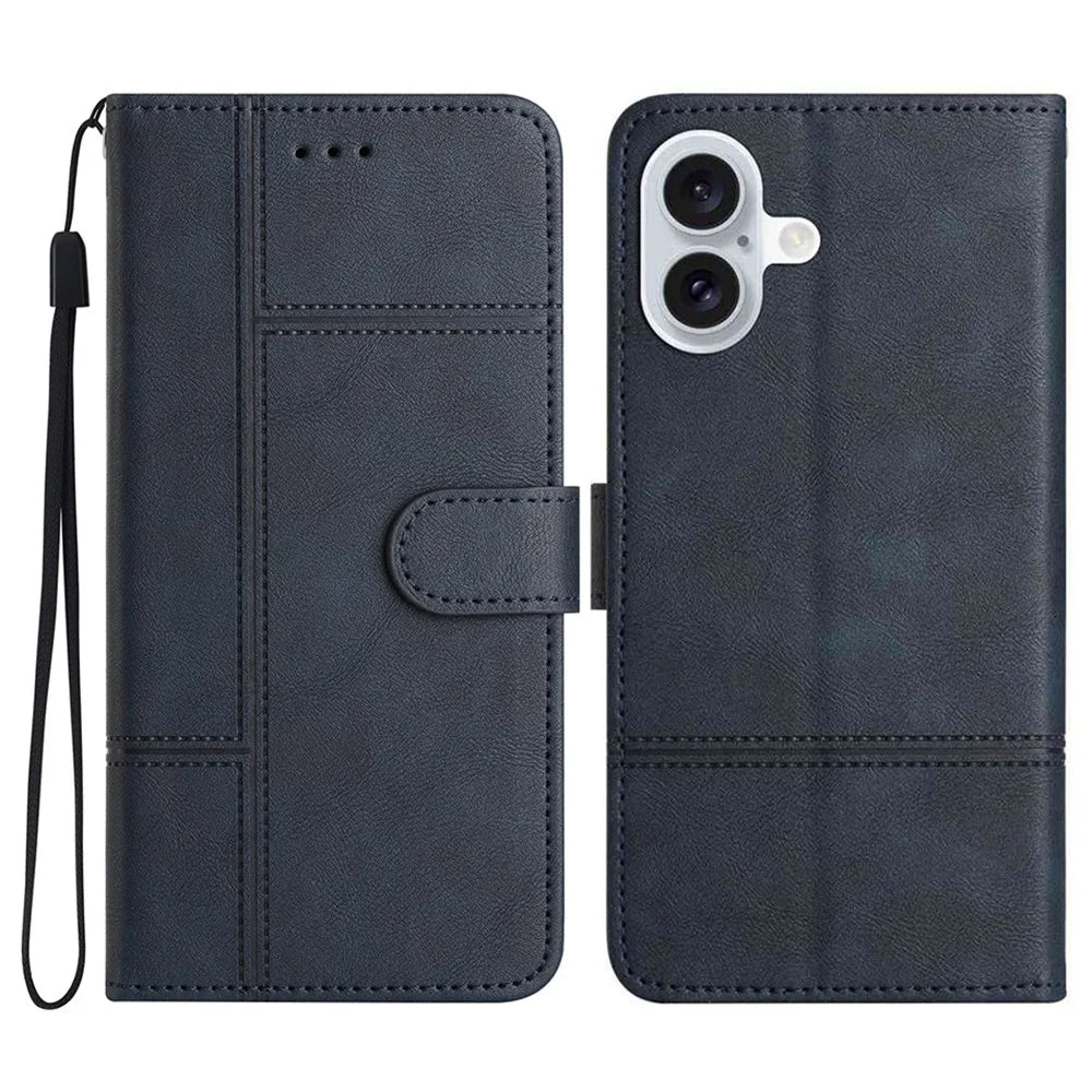 For iPhone 17 Wallet Case Line Imprinted Cowhide Texture PU Leather Phone Cover - Blue - 1