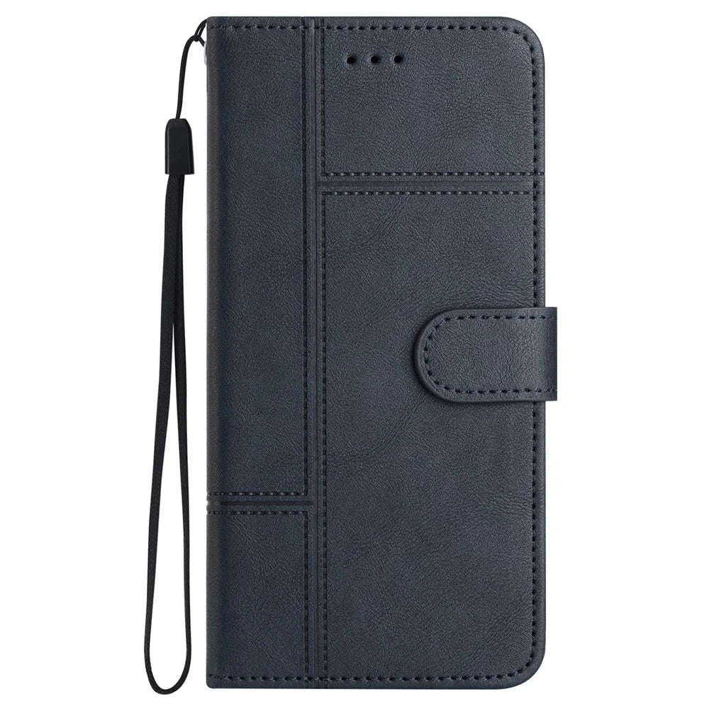 For iPhone 17 Wallet Case Line Imprinted Cowhide Texture PU Leather Phone Cover - Blue - 7