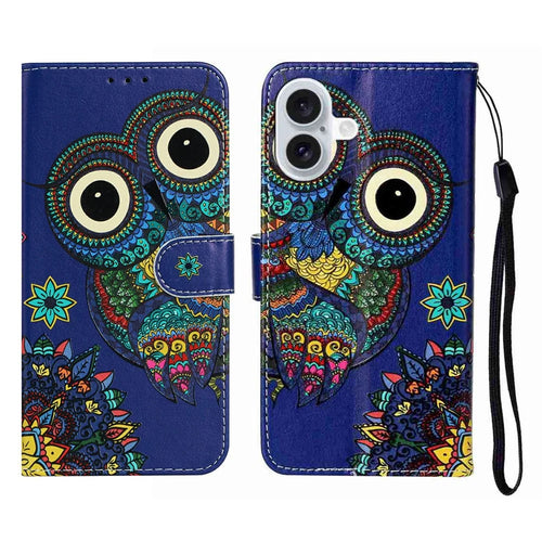 For iPhone 17 Case Pattern Leather Wallet Phone Cover with Strap - Blue Owl - 1