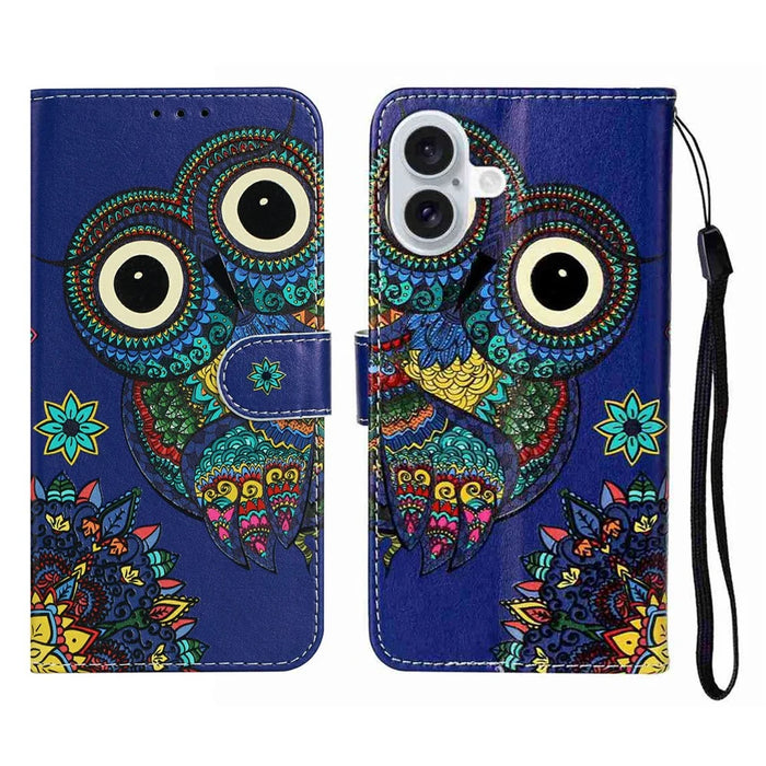 For iPhone 17 Case Pattern Leather Wallet Phone Cover with Strap - Blue Owl - 1