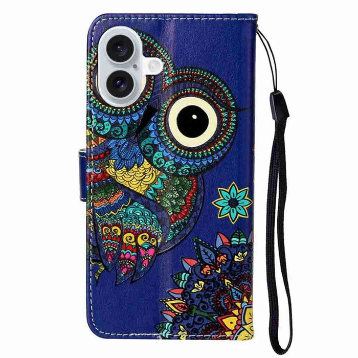 For iPhone 17 Case Pattern Leather Wallet Phone Cover with Strap - Blue Owl - 6