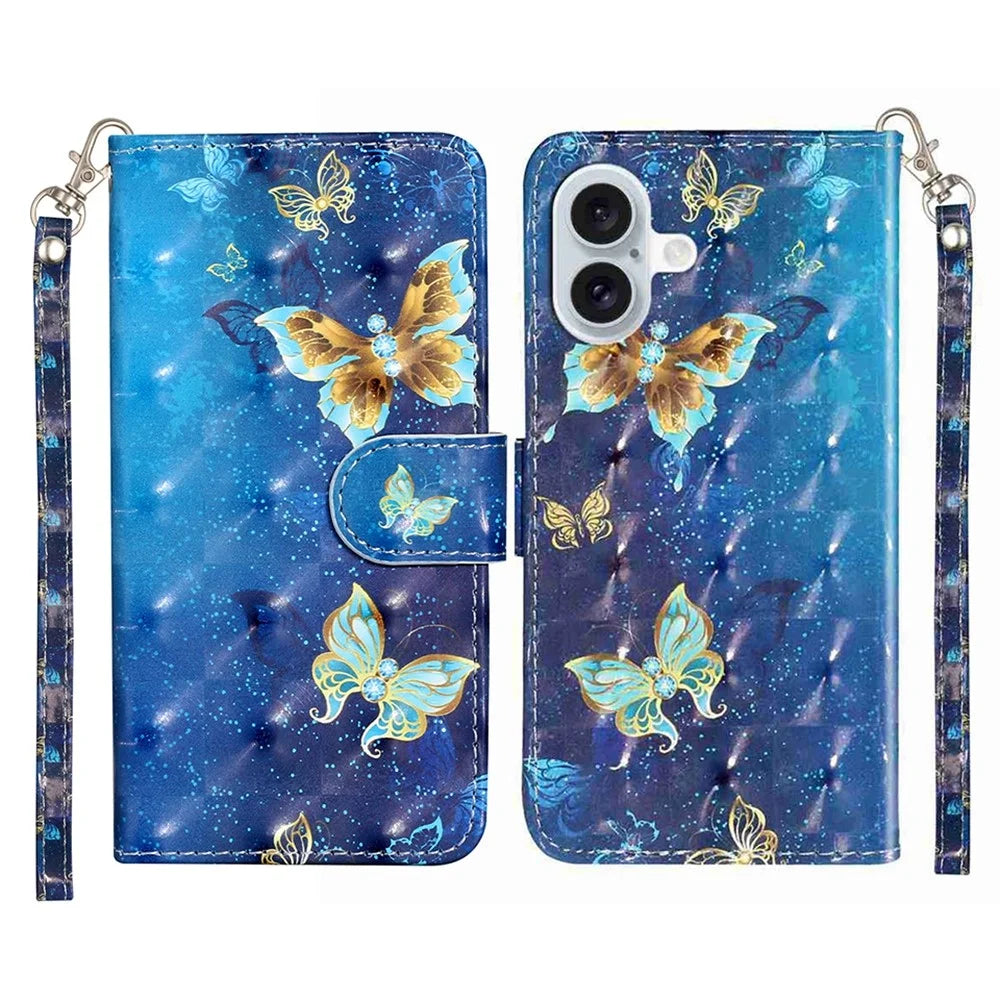 For iPhone 17 Wallet Case 3D Pattern Printed Leather Phone Cover with Strap - Blue Gold Butterflies - 1